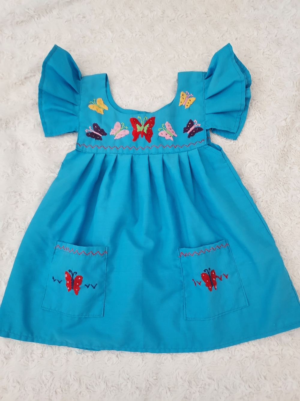Turquoise Butterfly Embroidered Girls' Casual Mexican Dress Butterflies Festive